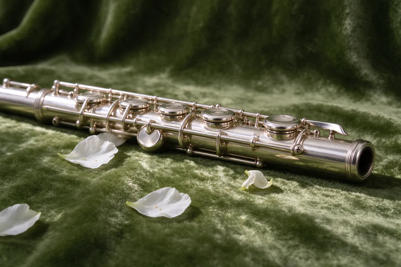 A polished silver flute rests on moss green velvet scattered with delicate white petals, lit by soft side light.
