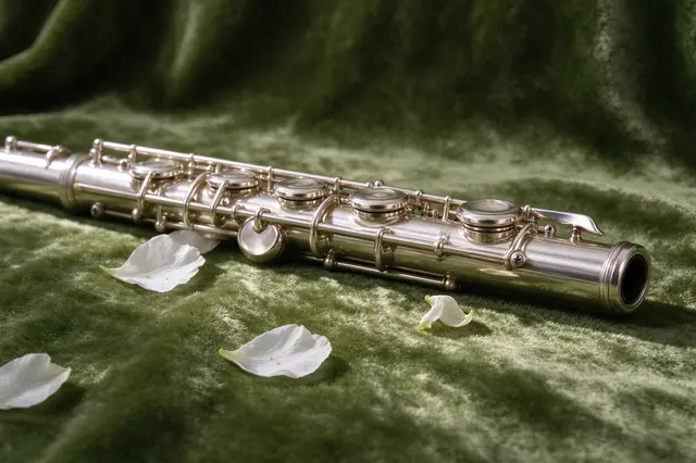A polished silver flute rests on moss green velvet scattered with delicate white petals, lit by soft side light.