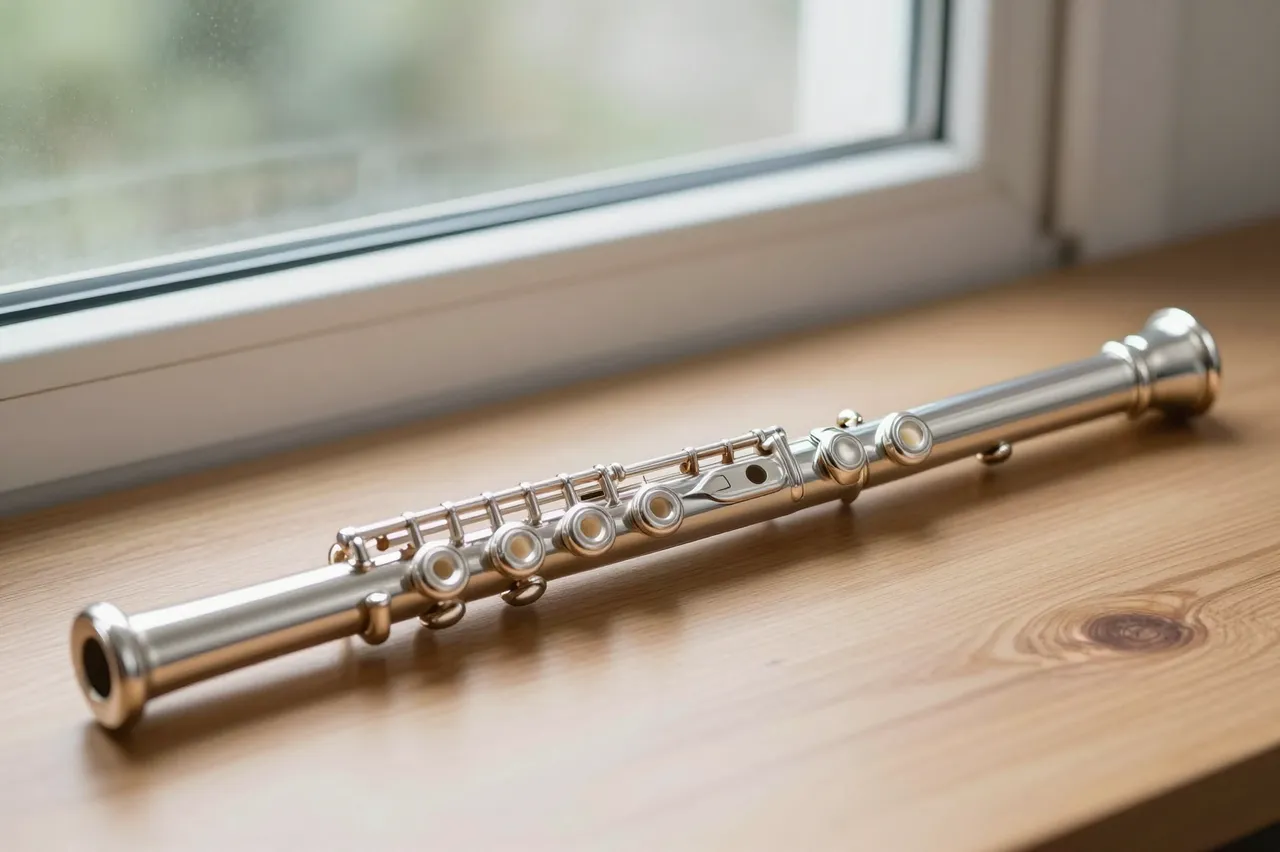 A silver transverse flute rests on a light wooden windowsill beside a blurred exterior window view.