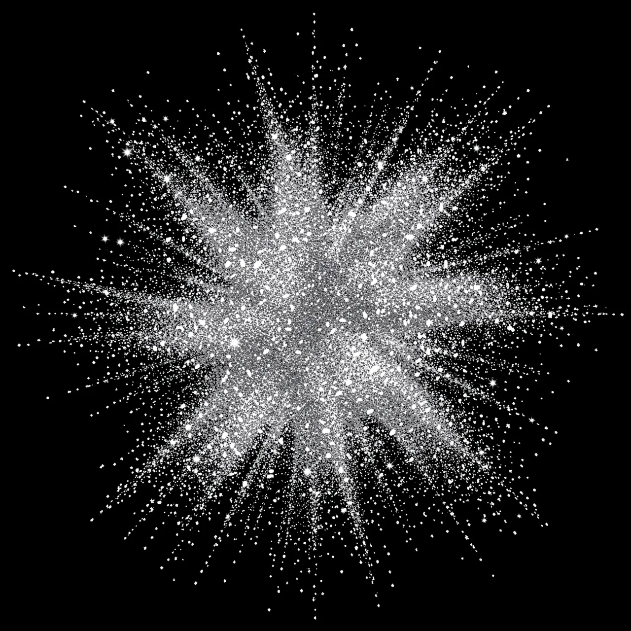 A radial explosive burst of sparkling silver glitter spreads outward from a central point on a solid black background
