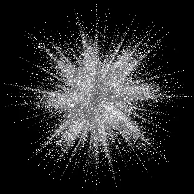 A radial explosive burst of sparkling silver glitter spreads outward from a central point on a solid black background