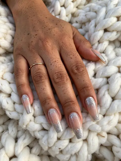 A woman's hand with glitter fade coffin manicure rests on a chunky white knit blanket