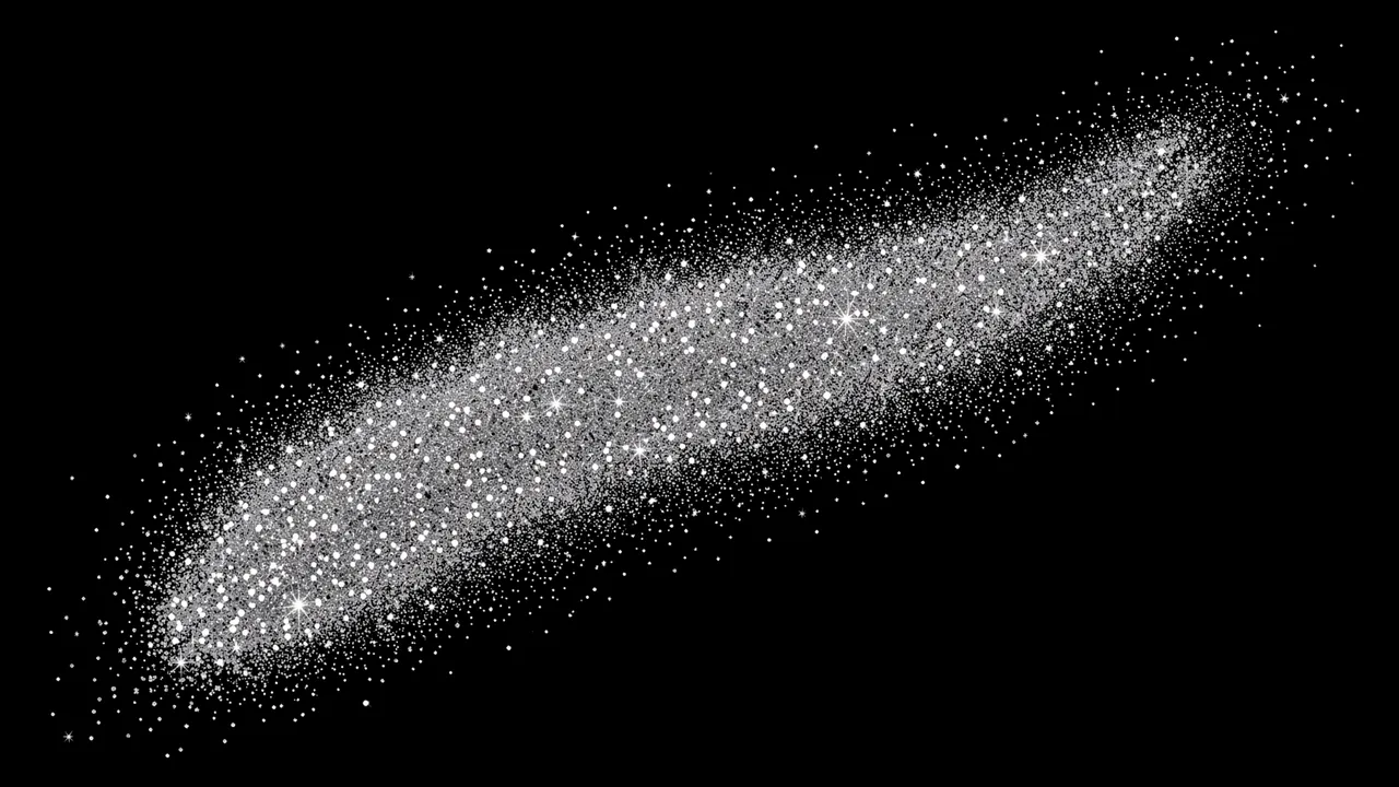 A sparkling silver glitter diagonal swoosh sits against a solid pure black background