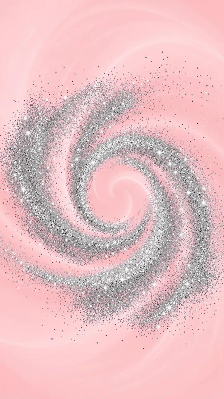 Swirling silver glitter dust forms a spiral vortex over a soft pastel pink background