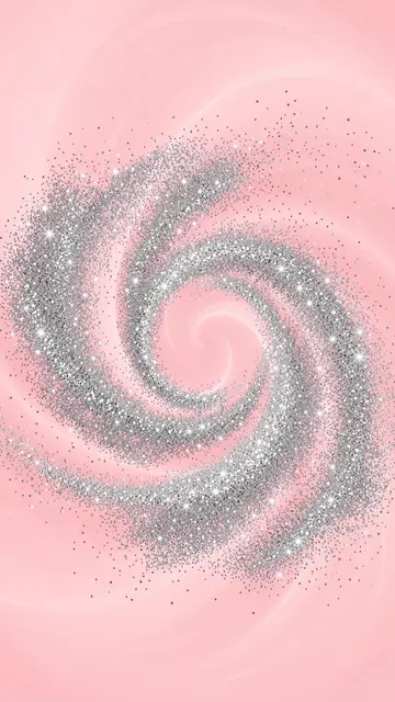Swirling silver glitter dust forms a spiral vortex over a soft pastel pink background