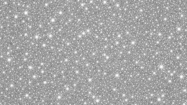 Full frame seamless silver glitter texture scattered with bright glowing star-shaped sparkles
