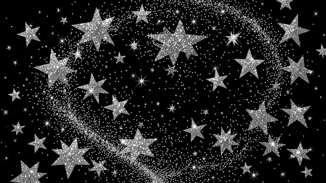 Shimmering silver glitter stars and sparkling dust swirl across a solid black background
