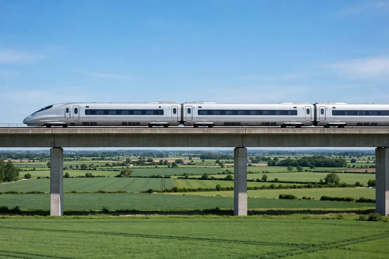 Side view of a sleek silver high-speed train traveling on an elevated concrete viaduct over green farmland under a clear