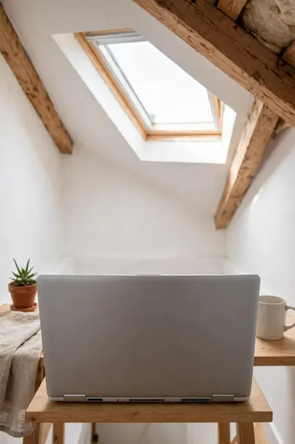 Back view of an open silver laptop on a small wooden desk under a bright attic skylight