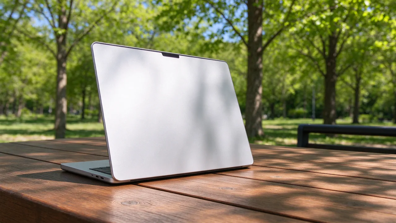 Open silver laptop viewed from behind rests on a wooden picnic table in a sunny tree-lined park.