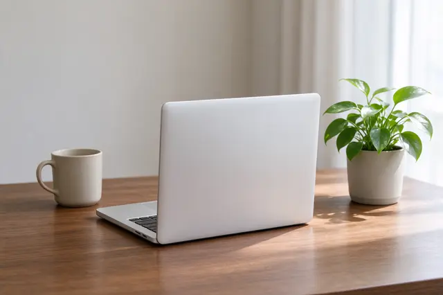 Back view of an open silver laptop flanked by a ceramic mug and potted plant on a sunlit wooden desk