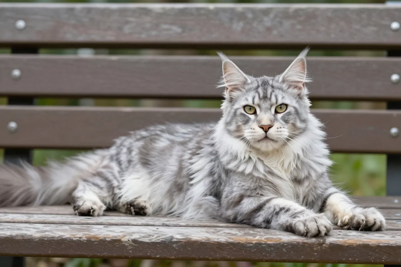 A fluffy silver tabby Maine Coon cat rests stretched out on a weathered wooden garden bench, looking directly at the camera.
