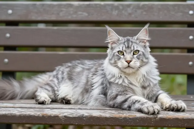 A fluffy silver tabby Maine Coon cat rests stretched out on a weathered wooden garden bench, looking directly at the camera.