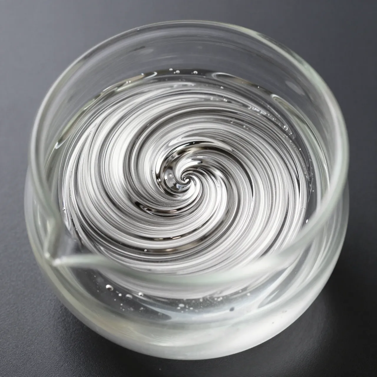 A top-down macro view of a round glass flask holding swirling silvering solution on a dark surface