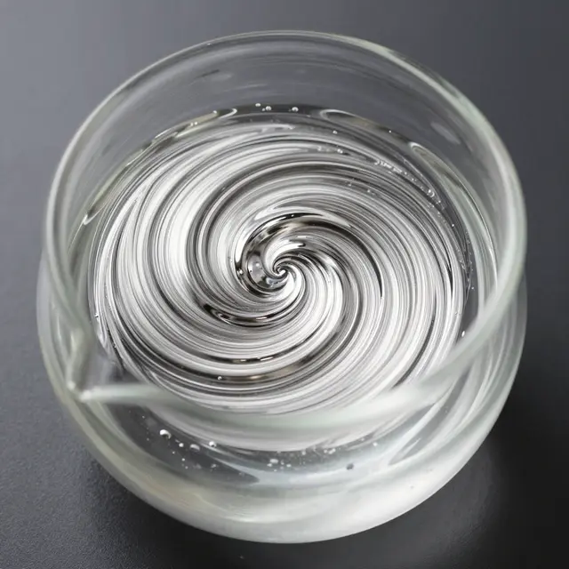 A top-down macro view of a round glass flask holding swirling silvering solution on a dark surface