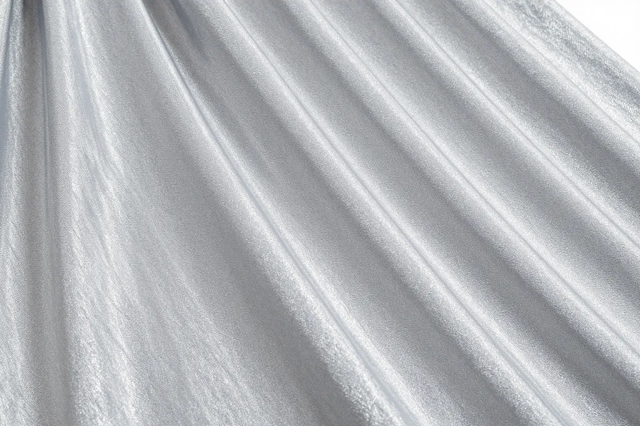 Close-up of draped silver moire taffeta fabric with soft watery ripple sheen under even light