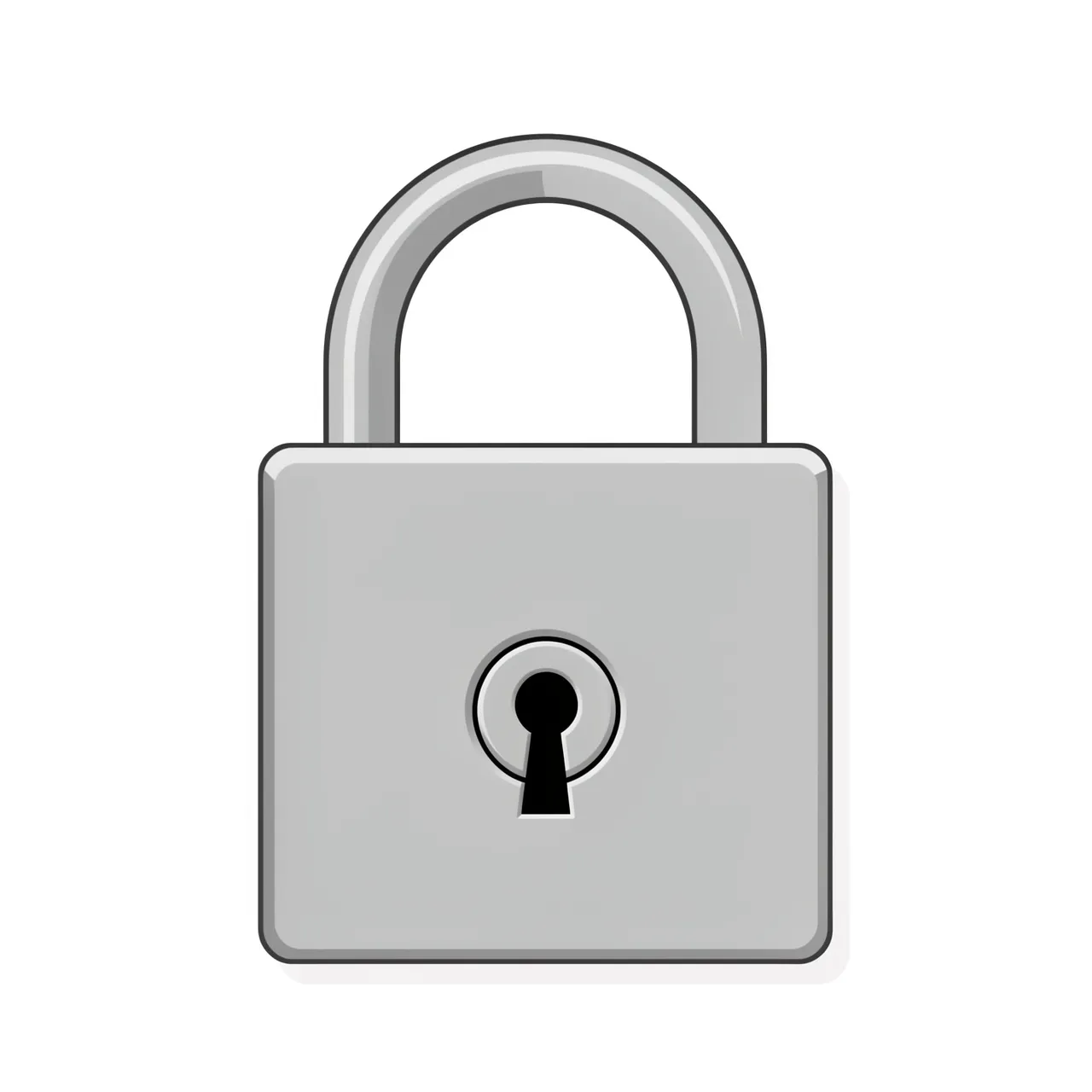Flat styled silver padlock with curved shackle and keyhole isolated on a plain white background