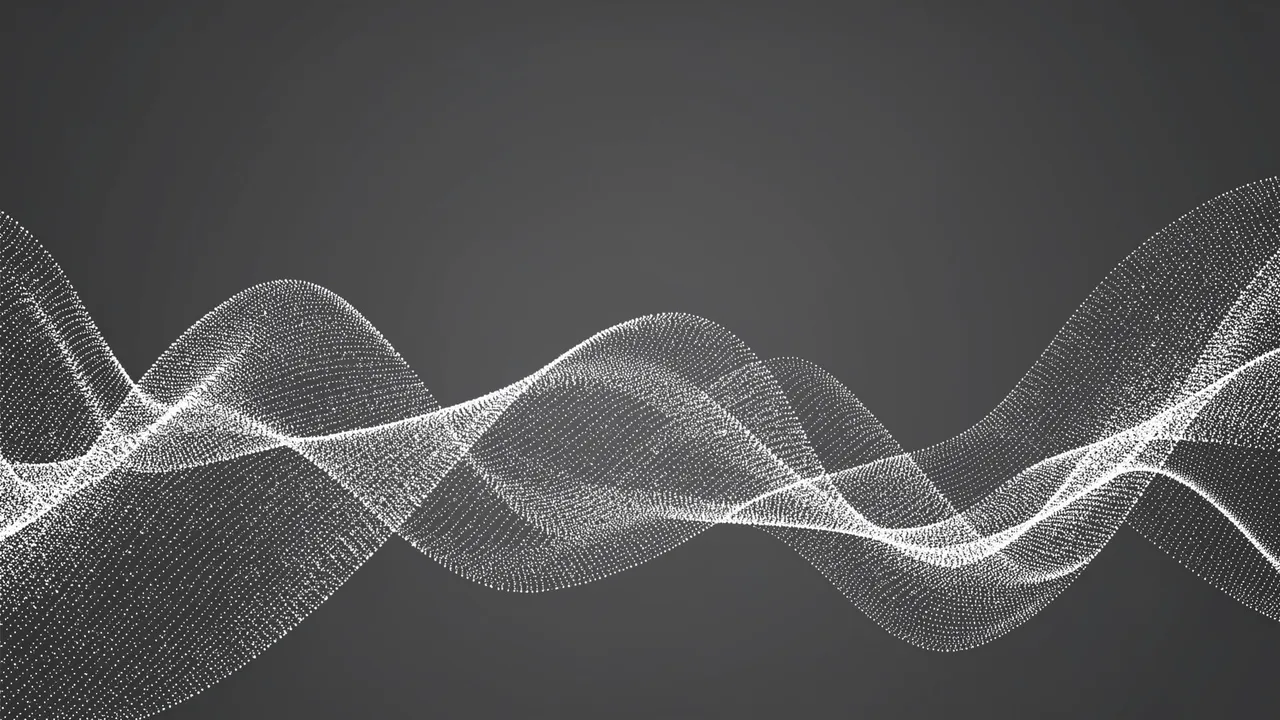 Flowing wavy silver particle lines curve across a smooth dark gray background with empty top copy space