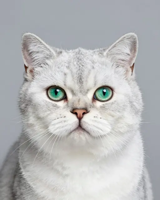 Close-up head portrait of a silver shaded white cat with bright green eyes facing forward on a soft gray background
