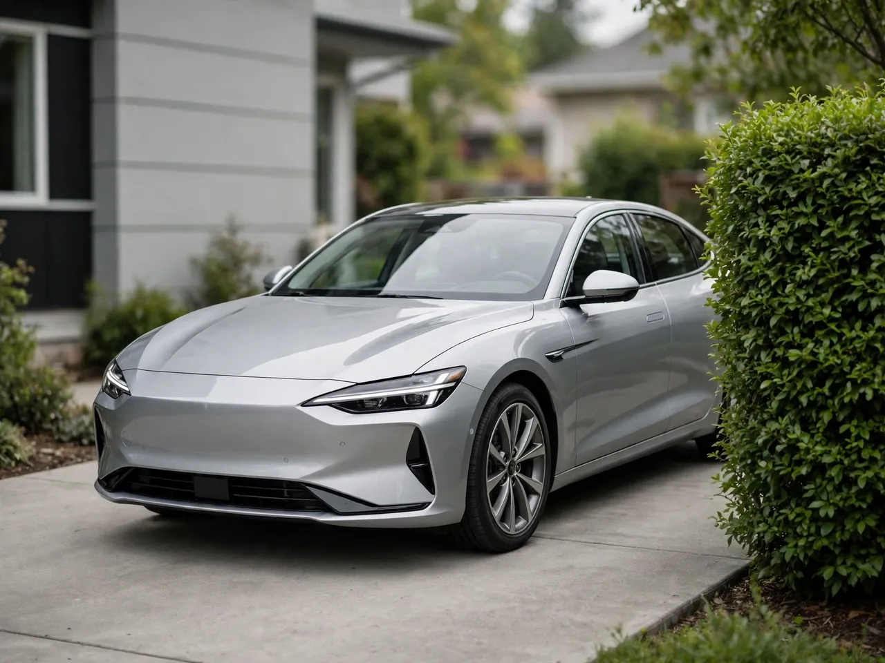 A silver modern sedan sits in three-quarter front view on a concrete residential driveway next to a green hedge.