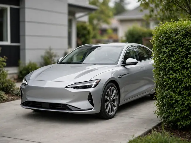 A silver modern sedan sits in three-quarter front view on a concrete residential driveway next to a green hedge.