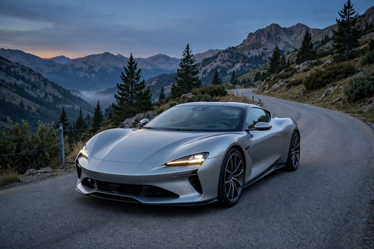 A silver modern sports car parked on an empty winding mountain road at dusk, with forested peaks in the background.