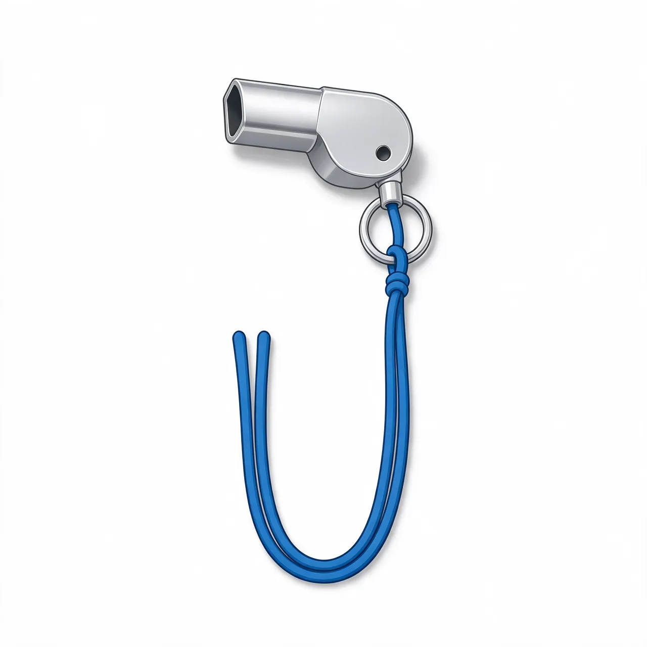 Flat clipart illustration of a metal sports whistle attached to a blue lanyard cord on a plain white background
