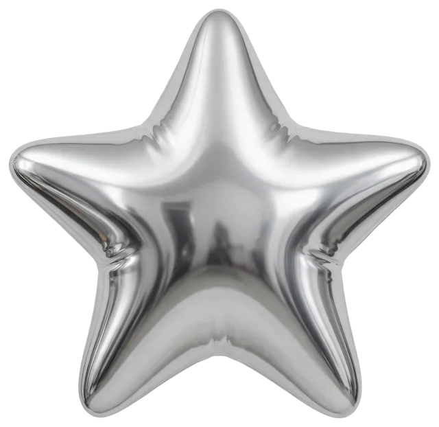 Puffy inflated chrome silver five-pointed star balloon with mirror reflective surface