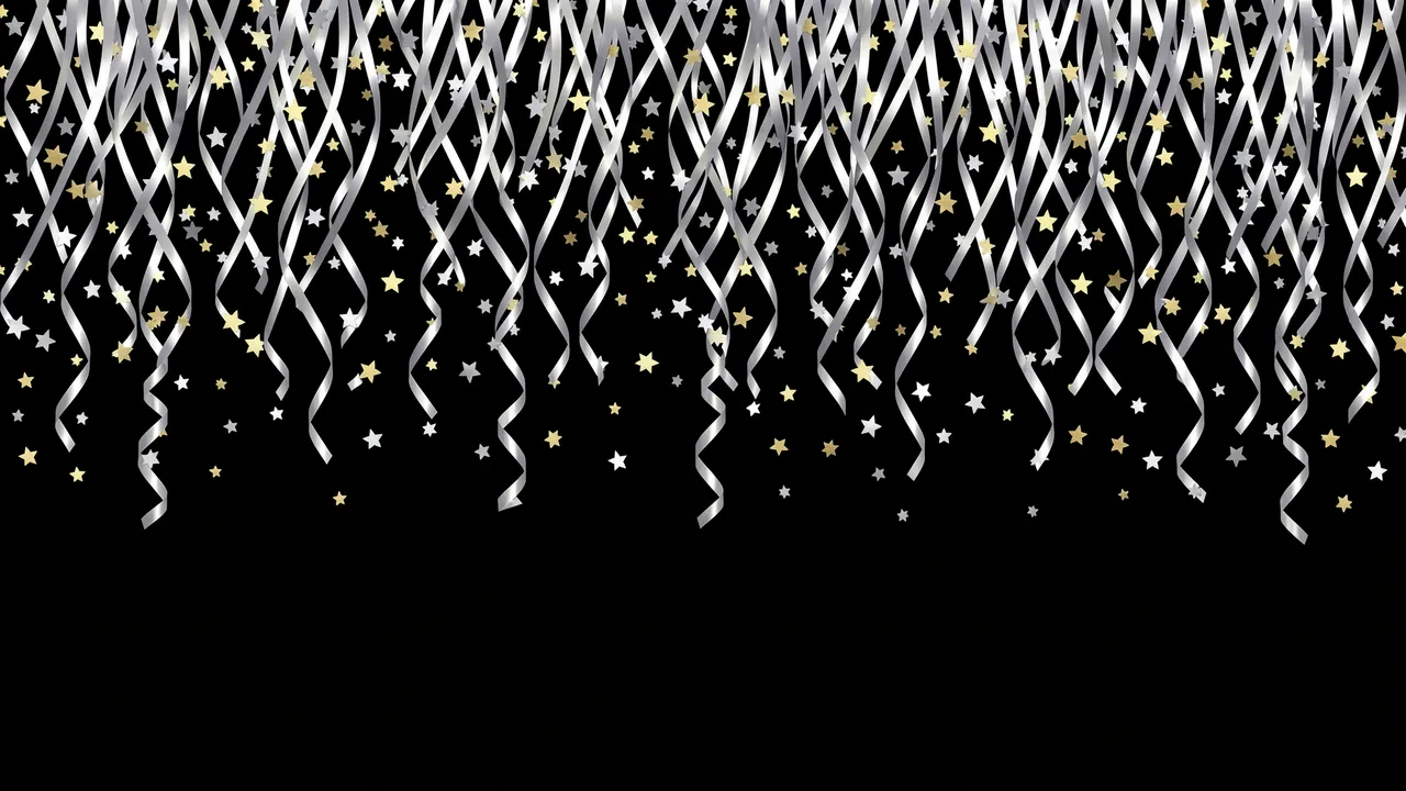 Shiny silver hanging streamers and gold and silver star confetti fall over empty solid black copy space.
