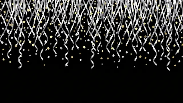 Shiny silver hanging streamers and gold and silver star confetti fall over empty solid black copy space.