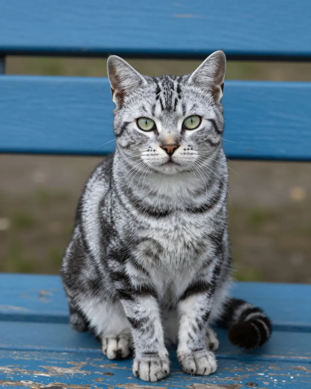 A silver tabby cat with green eyes sits upright on a weathered blue wooden bench.