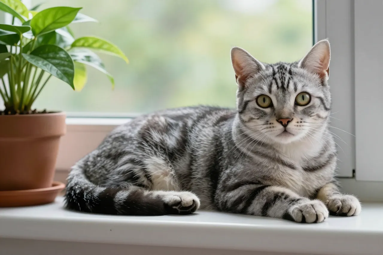 A silver tabby cat lies on a white windowsill next to a potted houseplant, looking toward the camera.