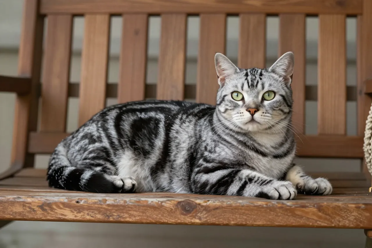 A silver tabby American Shorthair cat rests calmly on a warm brown wooden porch swing.