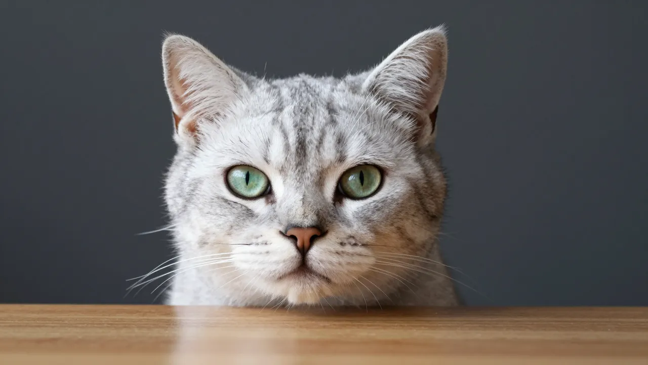 A silver tabby cat with green eyes peers over the edge of a wooden table against a dark gray background