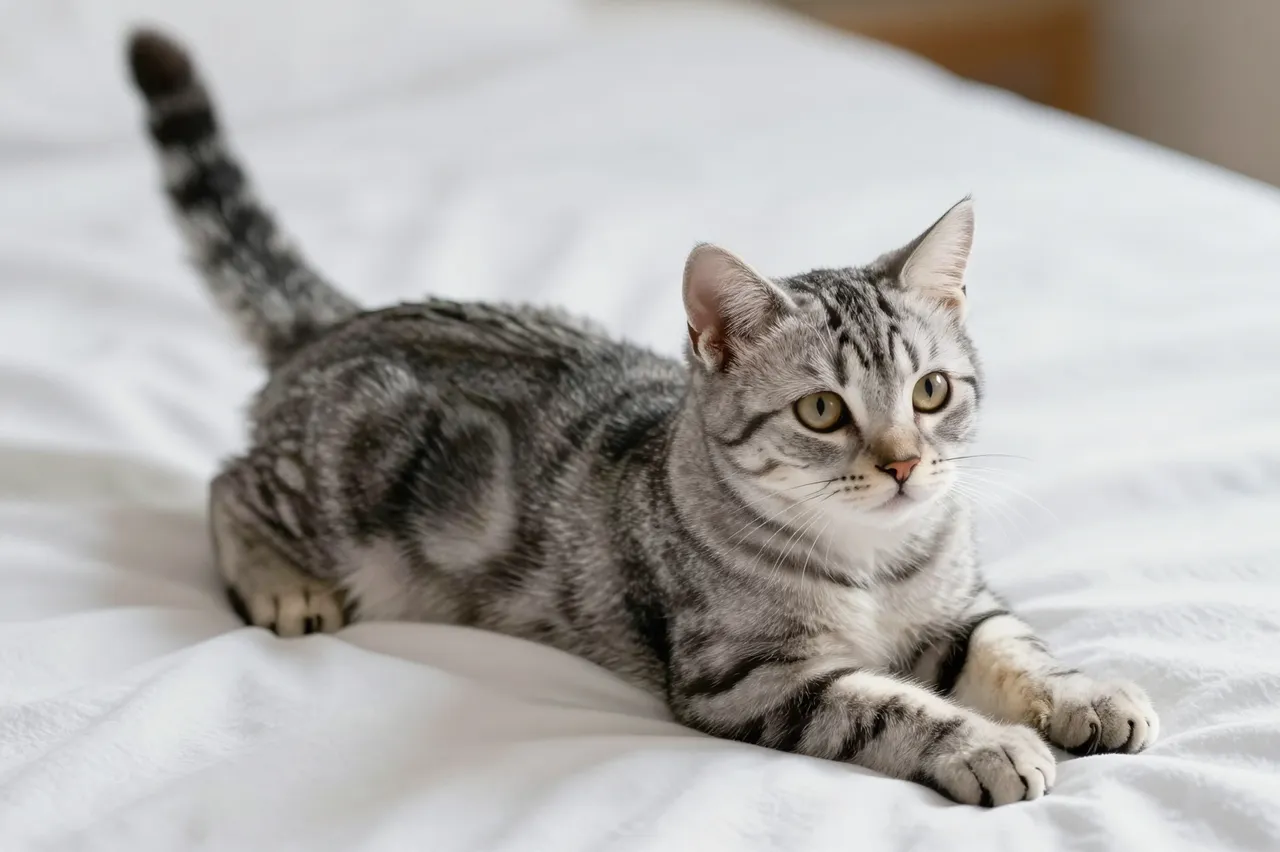 A silver tabby kitten with raised tail stretches on a crumpled white bedsheet in soft morning light