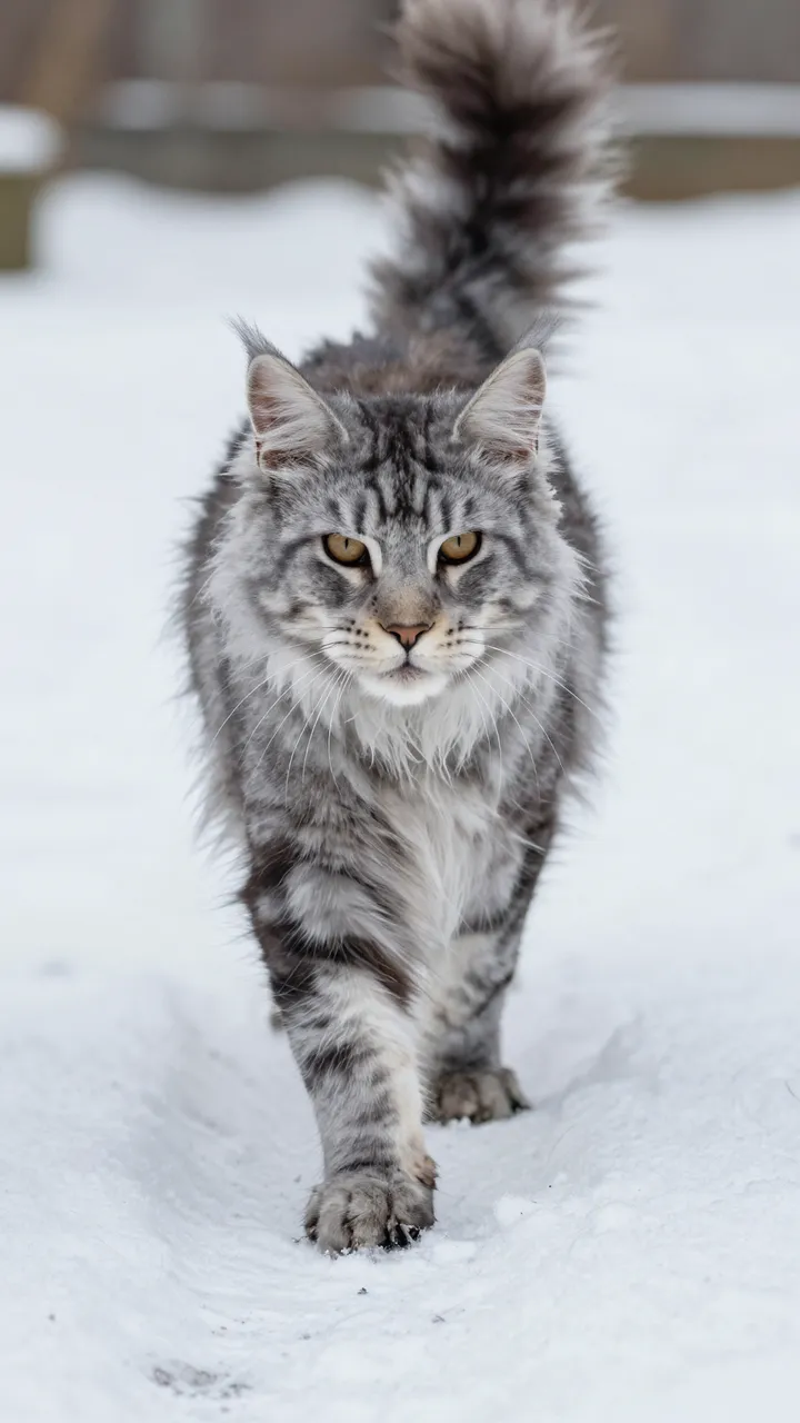 A fluffy silver tabby Maine Coon walks directly toward the camera across fresh snow