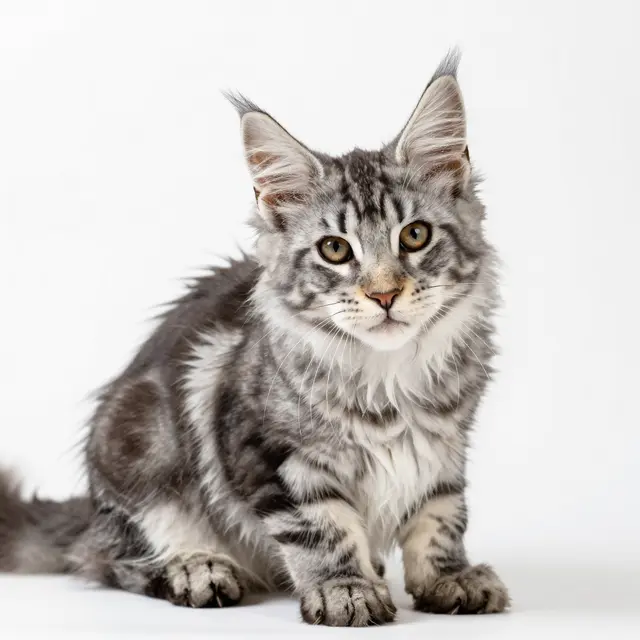 A fluffy silver tabby Maine Coon kitten sits facing the camera against a plain white background