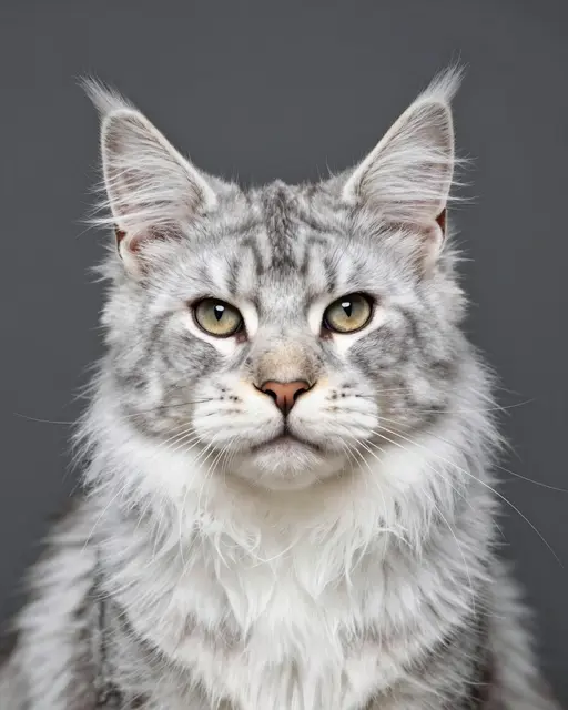 Close-up head portrait of a silver tabby Maine Coon cat with ear tufts against a solid charcoal gray background