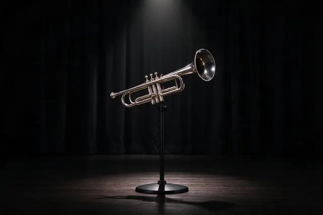 A polished silver trumpet rests on a stand under a single stage spotlight above a dark wooden floor