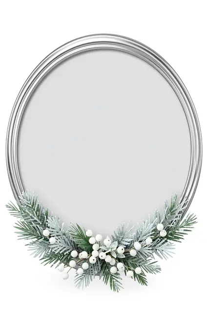 Silver oval frame with frosted evergreen sprigs and white berries along the bottom, surrounding an empty pale gray center