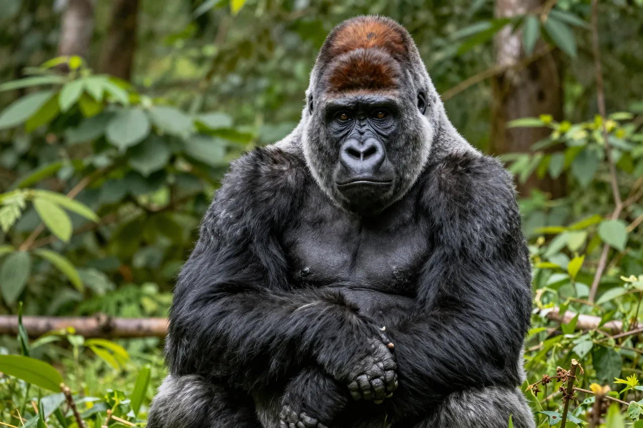 A mature silverback gorilla sits upright with crossed arms in dense green forest undergrowth