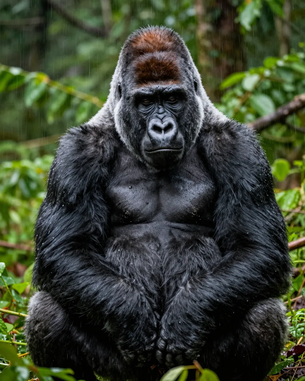 A silverback gorilla sits calmly in falling rain surrounded by dense green forest foliage