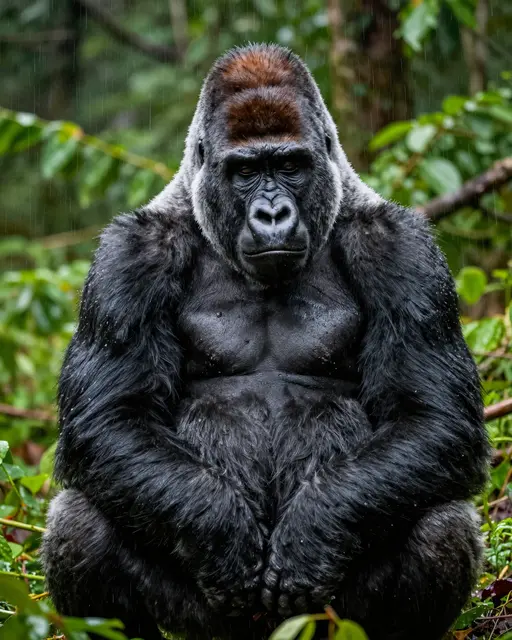 A silverback gorilla sits calmly in falling rain surrounded by dense green forest foliage