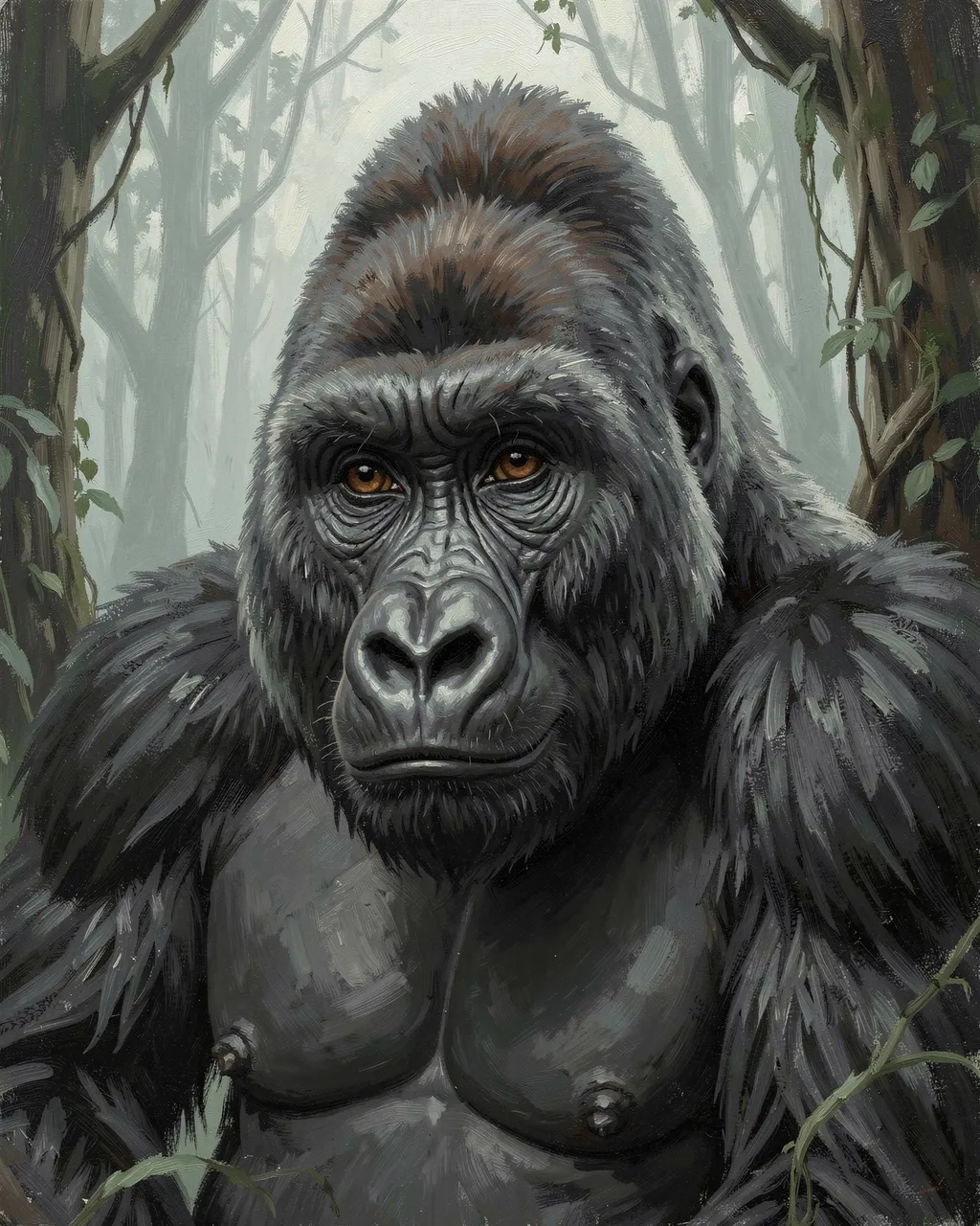Oil painting portrait of a thoughtful silverback gorilla standing in a misty forest