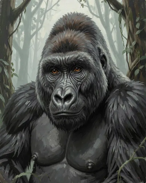 Oil painting portrait of a thoughtful silverback gorilla standing in a misty forest