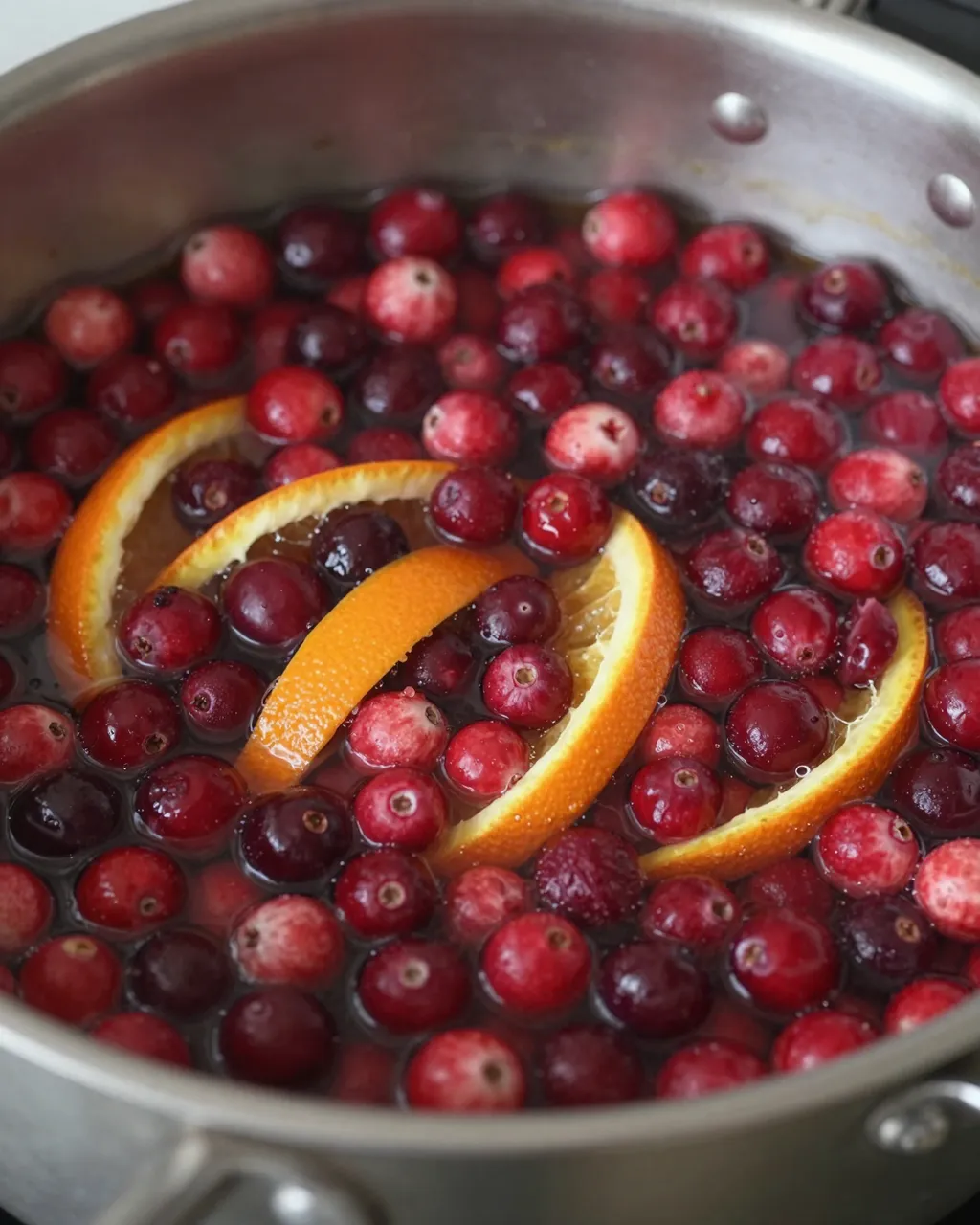Close-up of cranberries and orange slices steeping in liquid inside a stainless steel saucepan