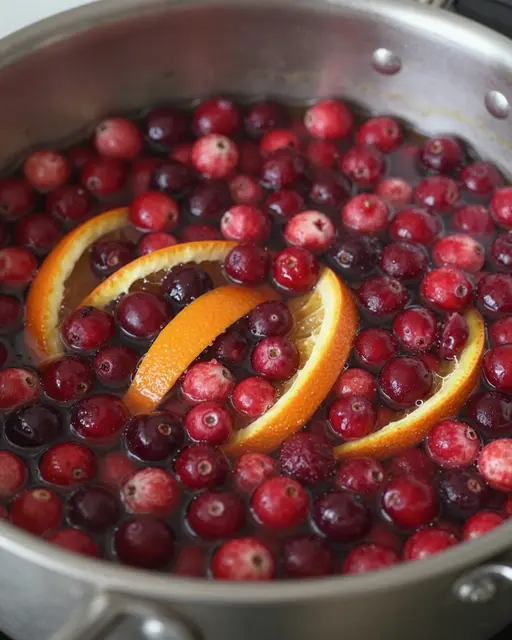 Close-up of cranberries and orange slices steeping in liquid inside a stainless steel saucepan