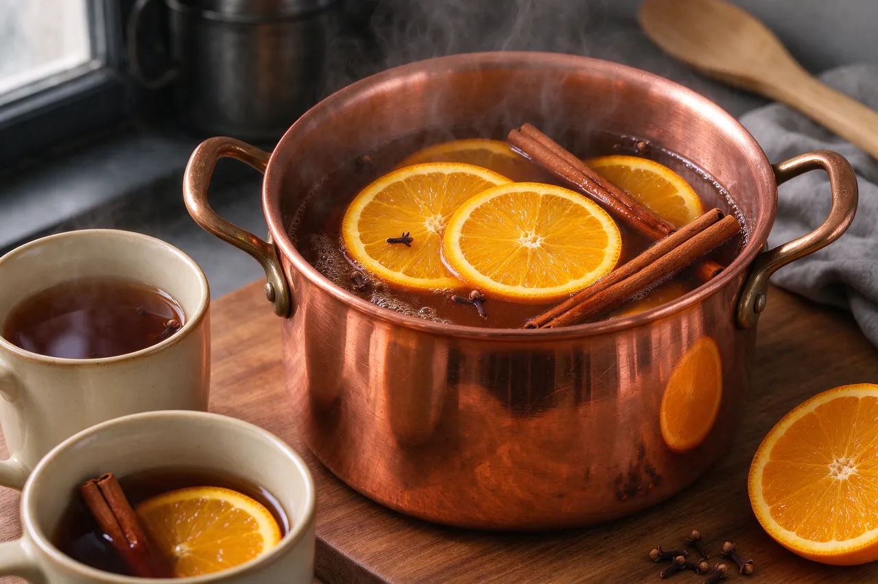 Steaming spiced apple cider in a copper pot with two filled mugs on a wooden countertop