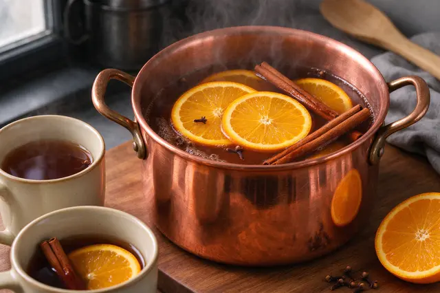Steaming spiced apple cider in a copper pot with two filled mugs on a wooden countertop