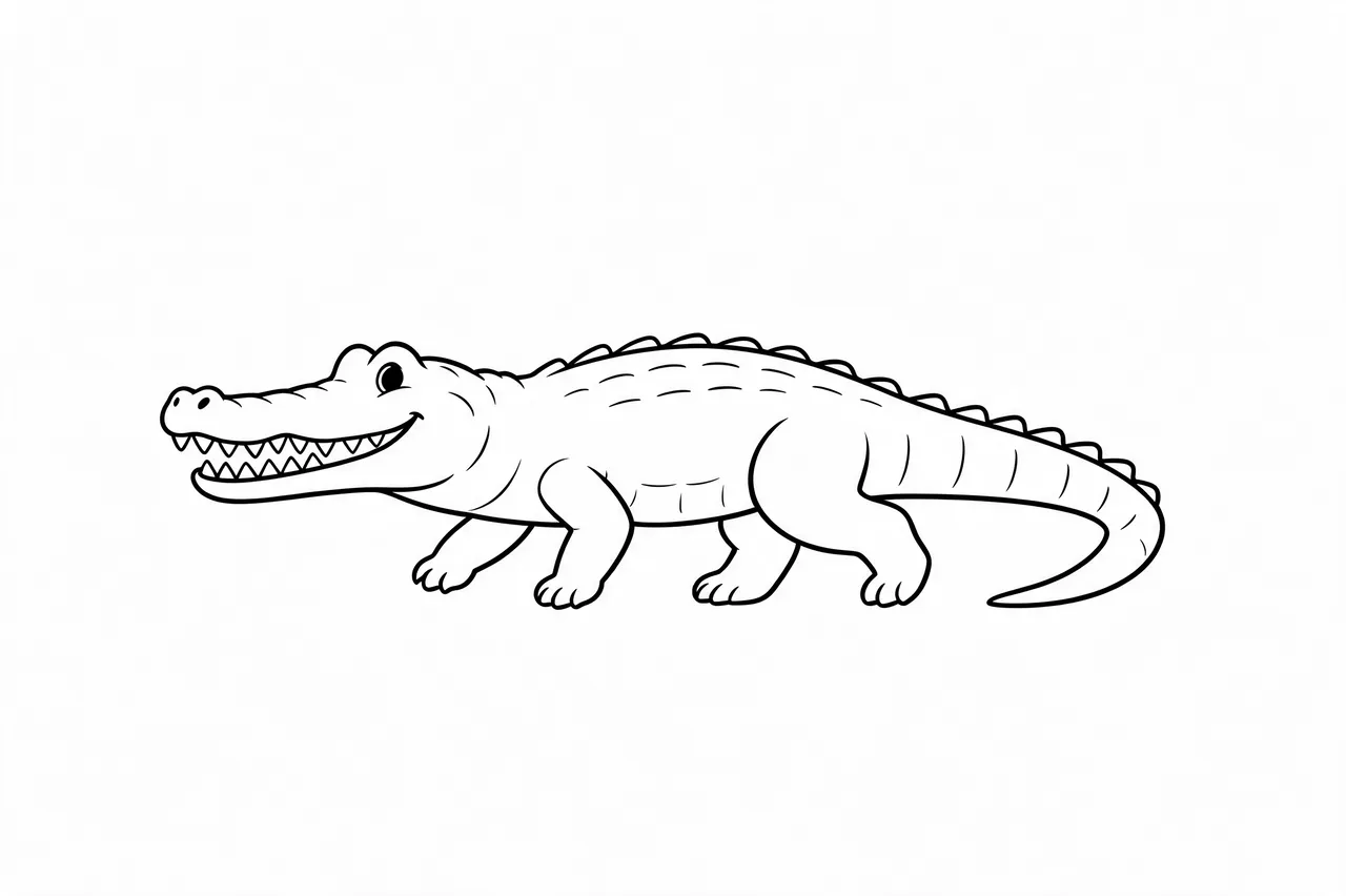 Clean side view black line drawing of a smiling walking alligator on a plain white background